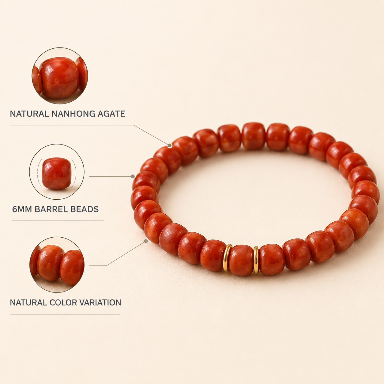 Natural Nanhong agate 6mm barrel beads material details Taeshine