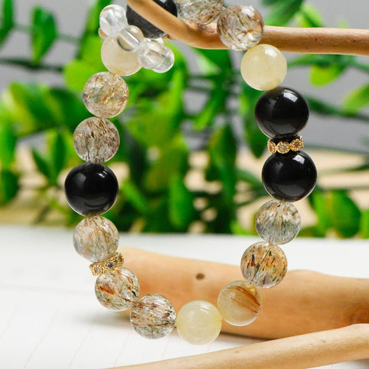 Image of The Alchemist's Fortune – Golden Rutilated Quartz & Obsidian for Power & Protection - Handcrafted Crystal Jewelry from Tae Shine