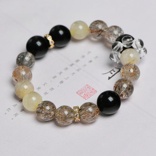 Image of The Alchemist's Fortune – Golden Rutilated Quartz & Obsidian for Power & Protection - Handcrafted Crystal Jewelry from Tae Shine