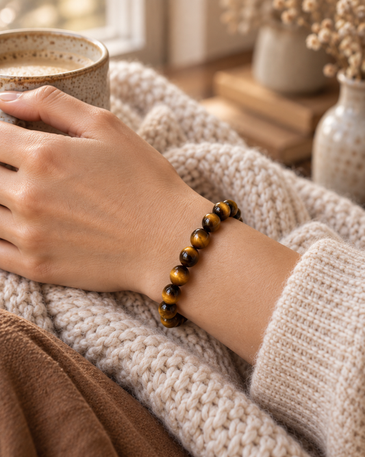 Close-up of a natural tiger's eye beaded bracelet on a woman's wrist