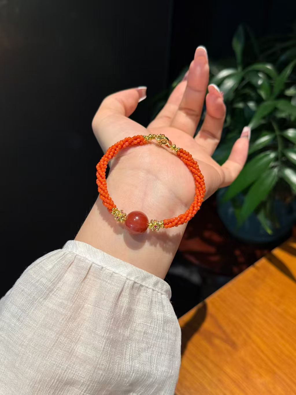 Nanhong red agate carnelian bracelet full view Tae Shine