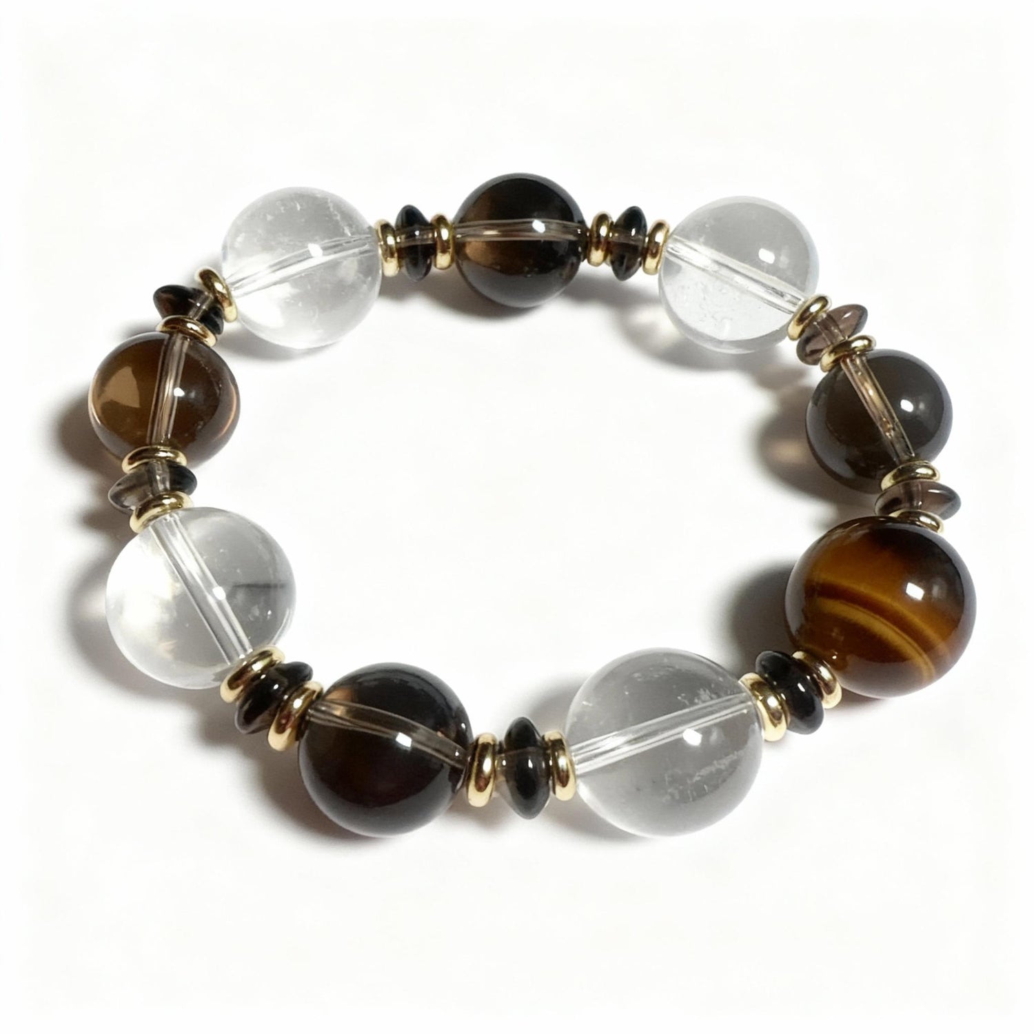 The Guardian men's protection bracelet with smoky quartz, tiger's eye, and clear quartz crystal beads.