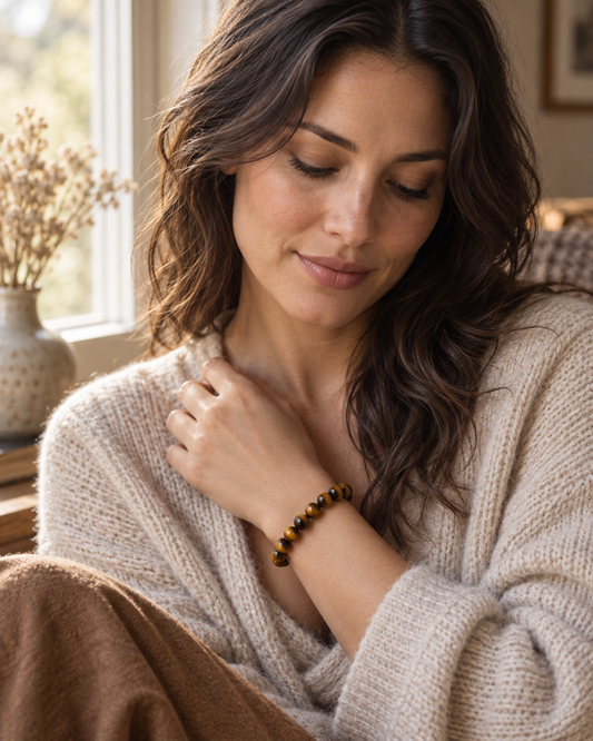 A calm woman wearing a natural tiger's eye bracelet, hand resting near her chest